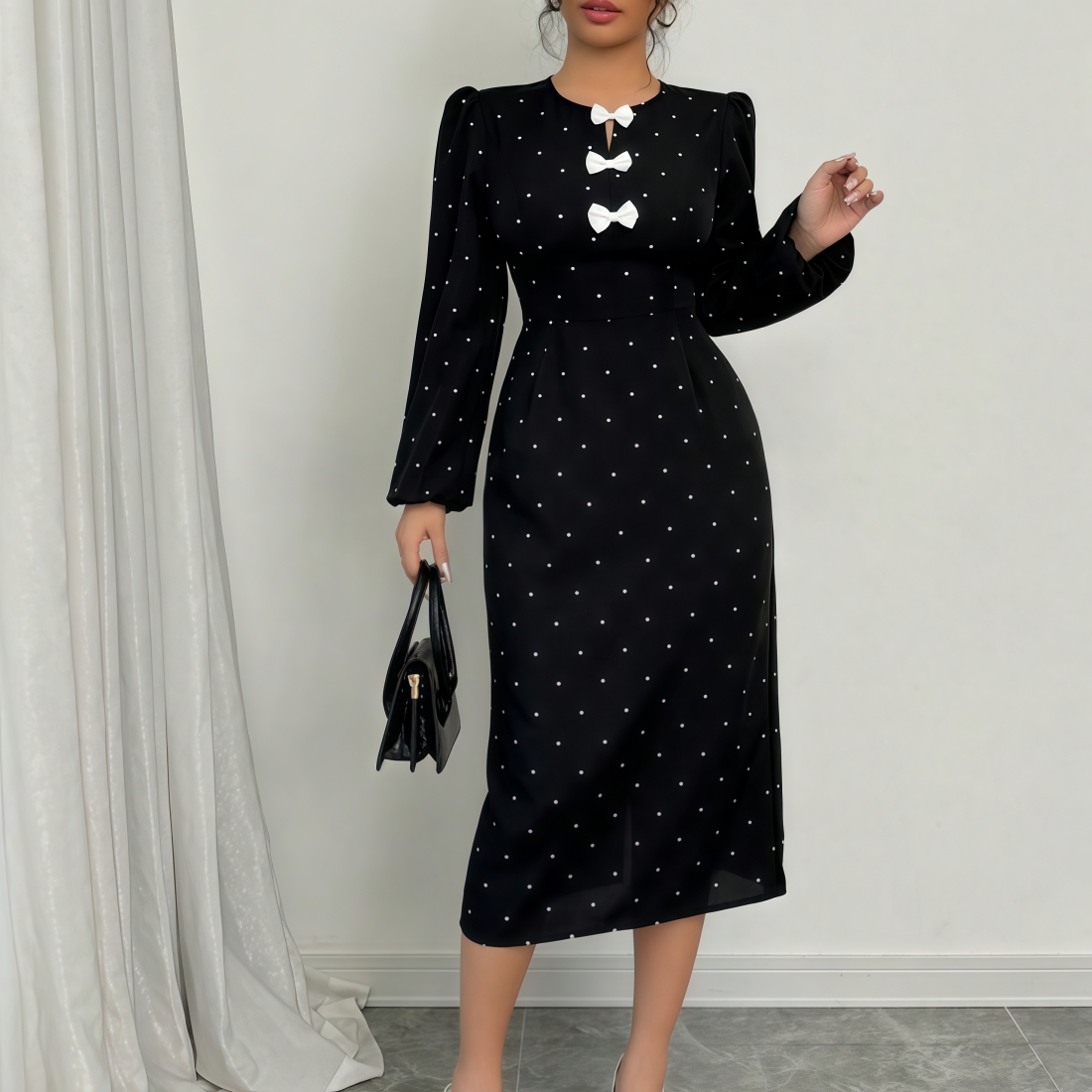 Vestido midi de mujer de polka negra con lunares blancos y mangas abullonadas-Aegean-sea