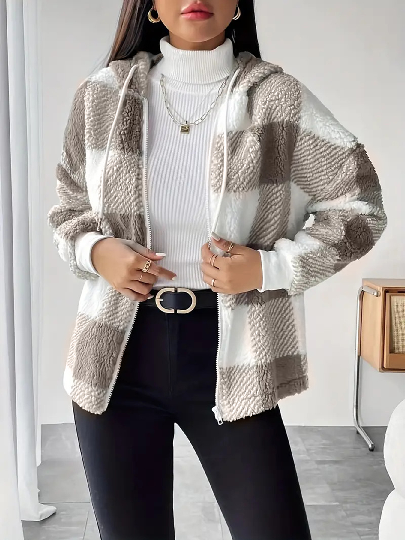 Women's Plaid Fuzzy Hooded Zip-Up Coat-Aegean-sea