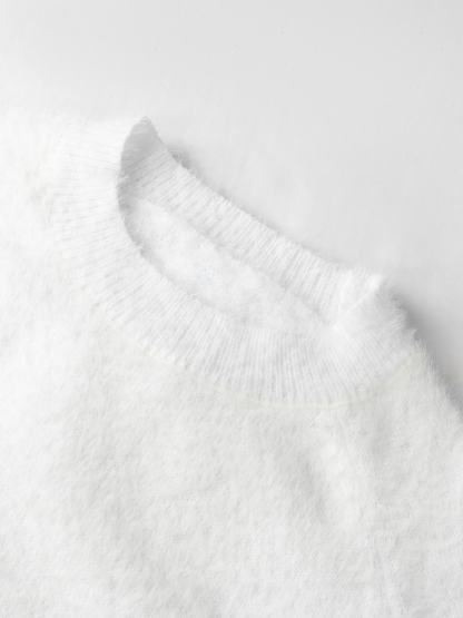 Women's White Fuzzy Crew Neck Long Sleeve Slim Fit Sweater
