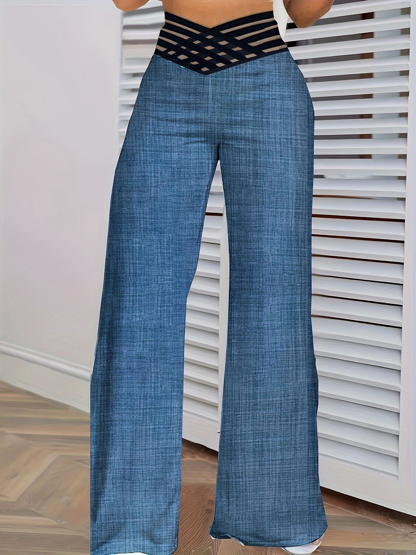 Women's Blue Wide-Leg Pants with Crisscross Waist Detail-Aegean-sea