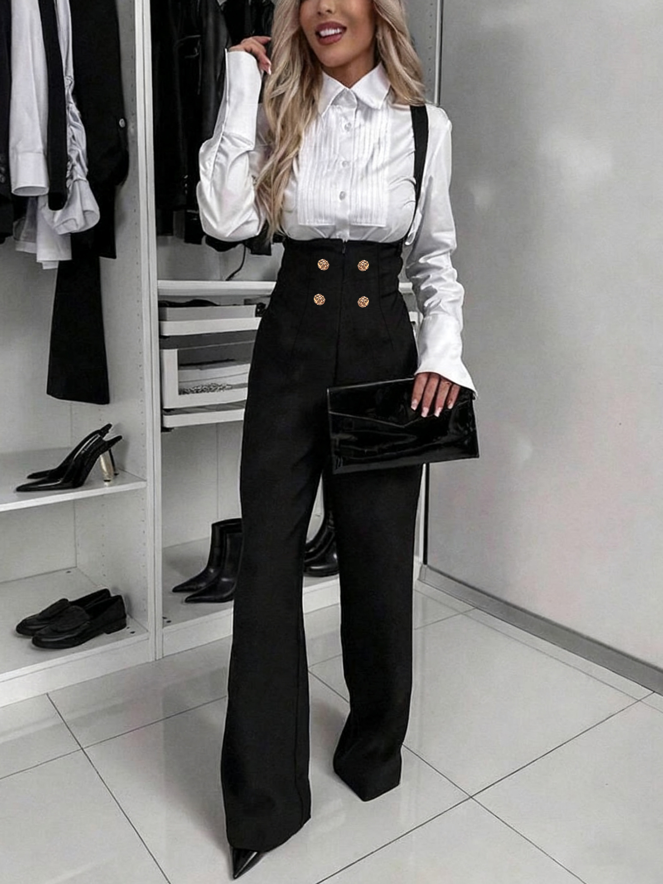 Woman's Decorative Double-Breasted High-Waist Suspender Wide-Leg Pants-Aegean-sea