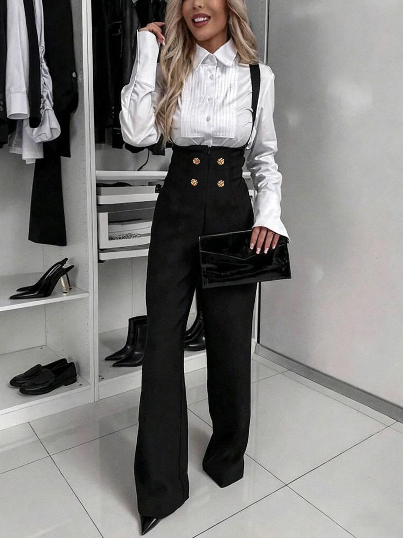 Woman's Decorative Double-Breasted High-Waist Suspender Wide-Leg Pants-Aegean-sea