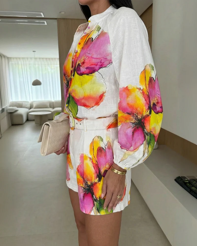 Floral Print Shirt and Shorts Set, Vacation Two-Piece Outfit