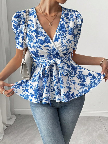 Women's Blue Floral Print Wrap Blouse - V-Neck Puff Sleeve Belted Peplum Top