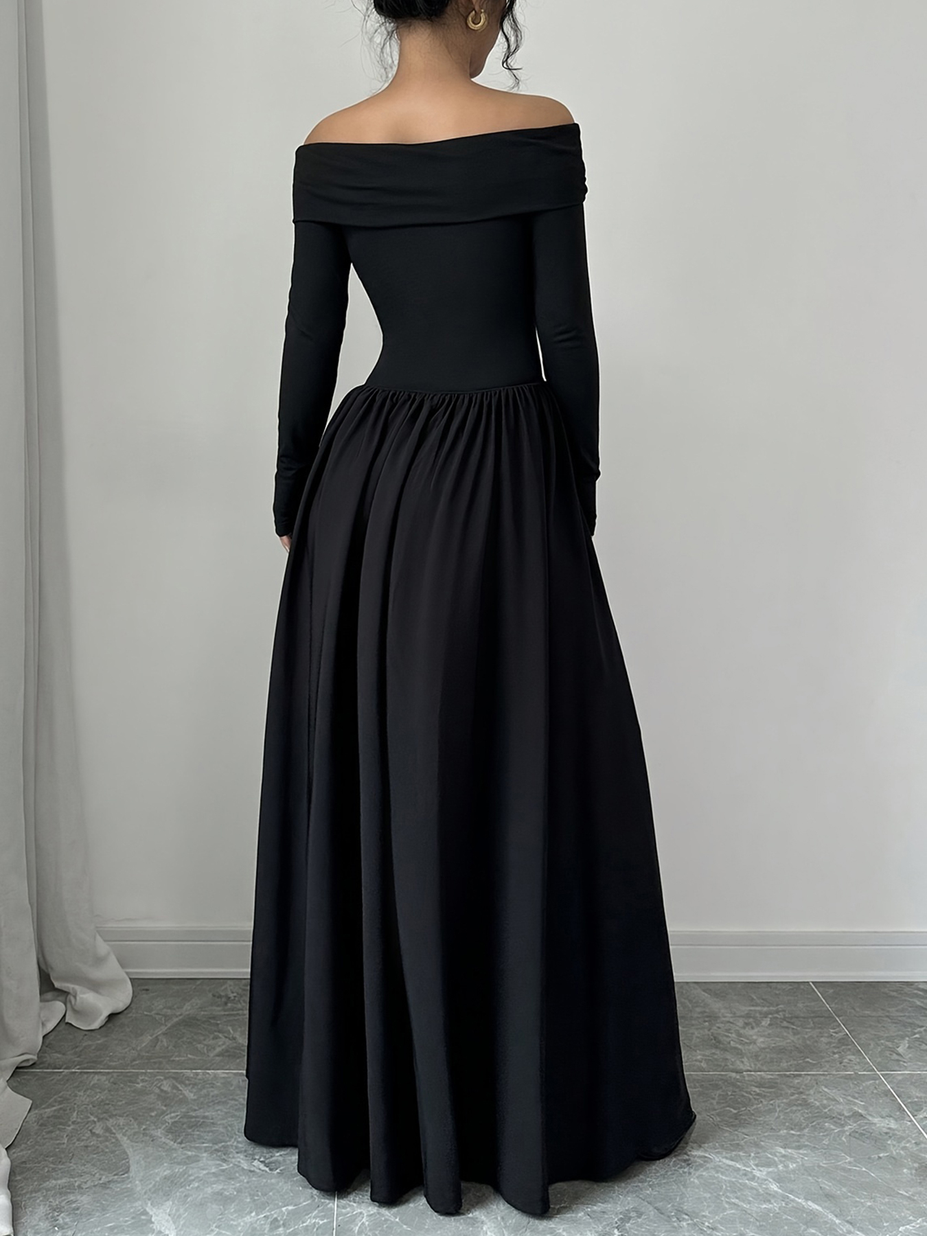 Woman's Black Off-the-Shoulder Long-Sleeve Maxi Dress with Full Skirt-Aegean-sea