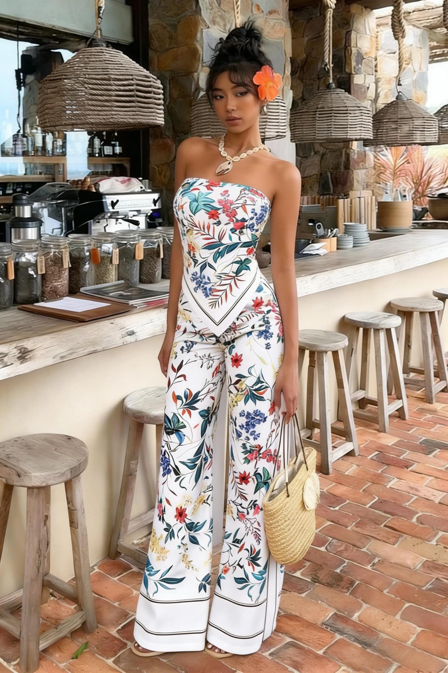 Tropical Plant Print Breasted Wide Legs Suit,,vacation-style slim-fit two-piece set