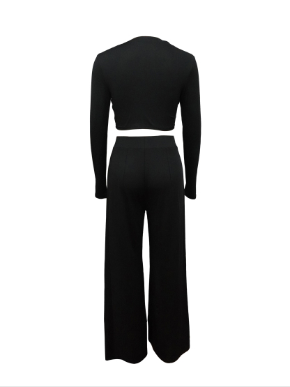 Woman's Black Long Sleeve Crop Top & High Waist Wide-Leg Pants Two-Piece Set
