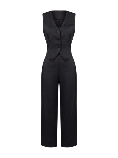 Women's Black Tailored Vest and Wide-Leg Trouser Set-Aegean-sea