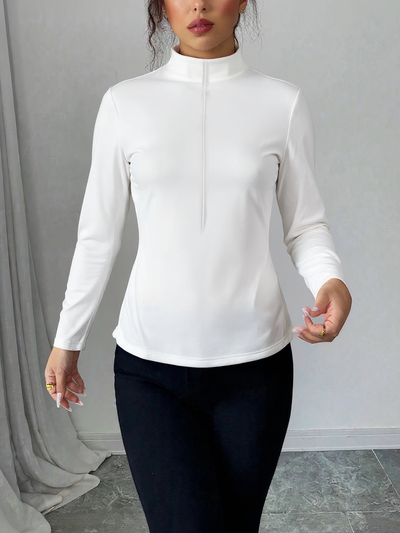 Slim Fit Half-Zip Mock Neck Long Sleeve Blouse - Women's Everyday Basic Top-Aegean-sea