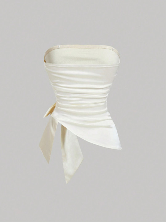 Woman's Ivory Satin Strapless Ruched Side Tie Front Corset Top-Aegean-sea