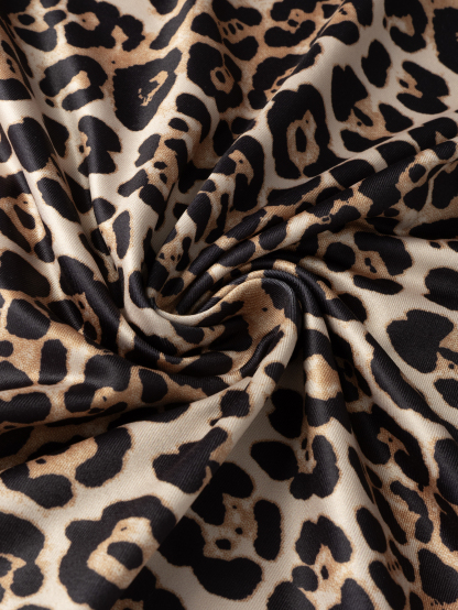 Woman's Wild Sexy Styl Leopard Print Halter Neck Lace Trim Mermaid Maxi Dress