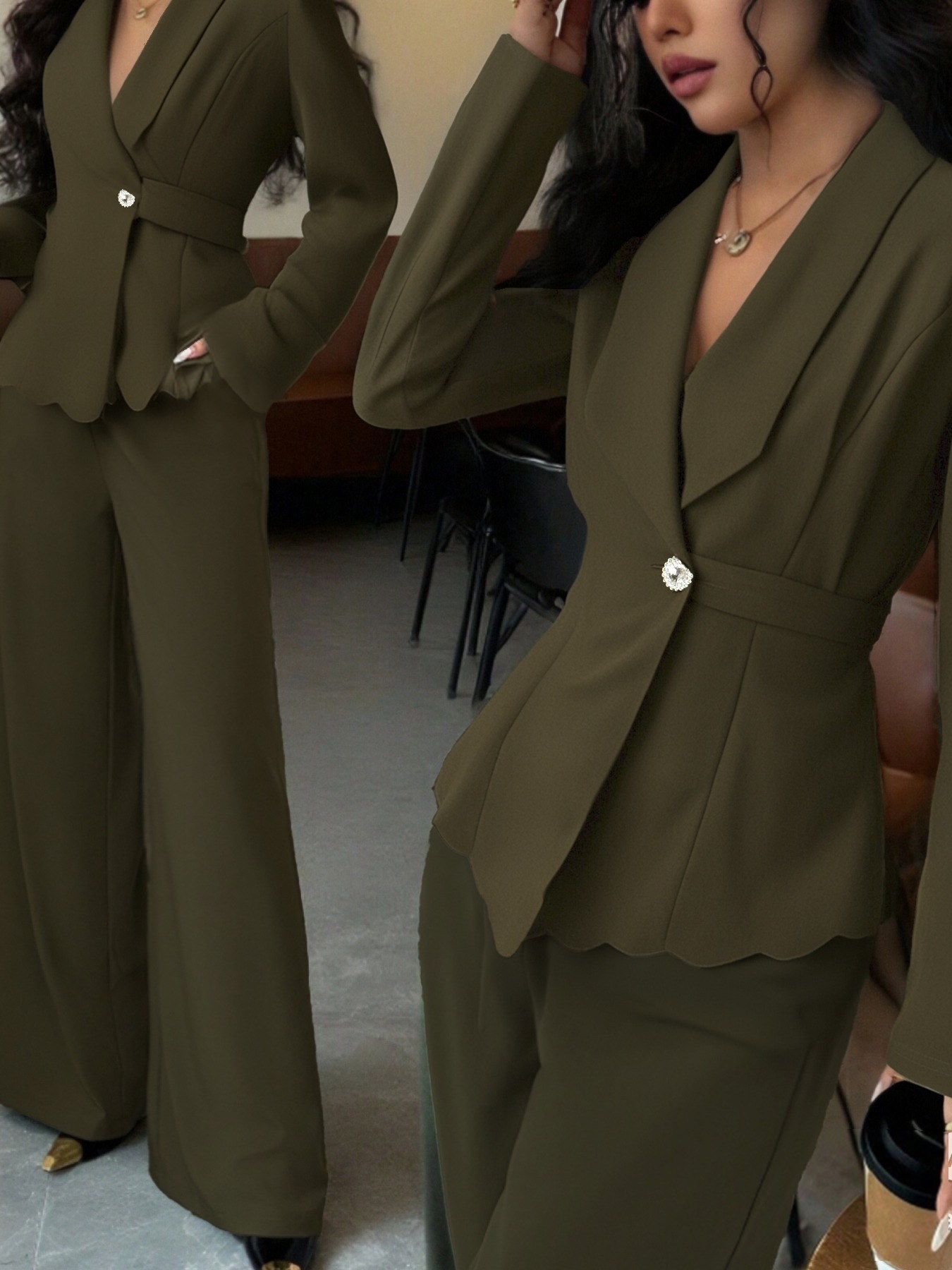 Office Elegant Wave Hem Waist-Cinched Blazer Set : Single Button Lapel Jacket & Wide-Leg Pants Two-Piece