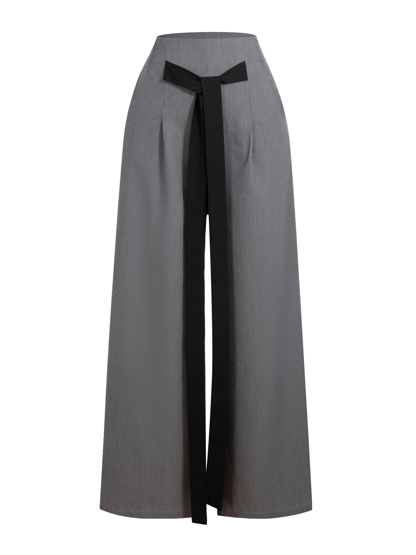 Woman's Gray Wide-Leg Pants with Black Sash Detail-Aegean-sea