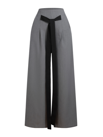 Woman's Gray Wide-Leg Pants with Black Sash Detail-Aegean-sea