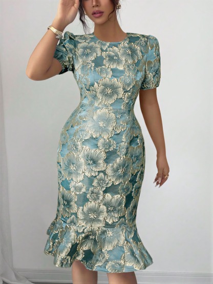 Women in flowered, bubble-sleeved, fish-tail dresses with waist-shrouding, hip-shrouding mid-skirts