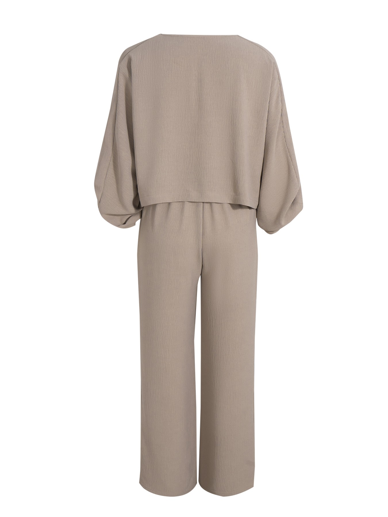 Khaki V-neck cotton hemp suit for women Loose bat-sleeved top wide-legged pants