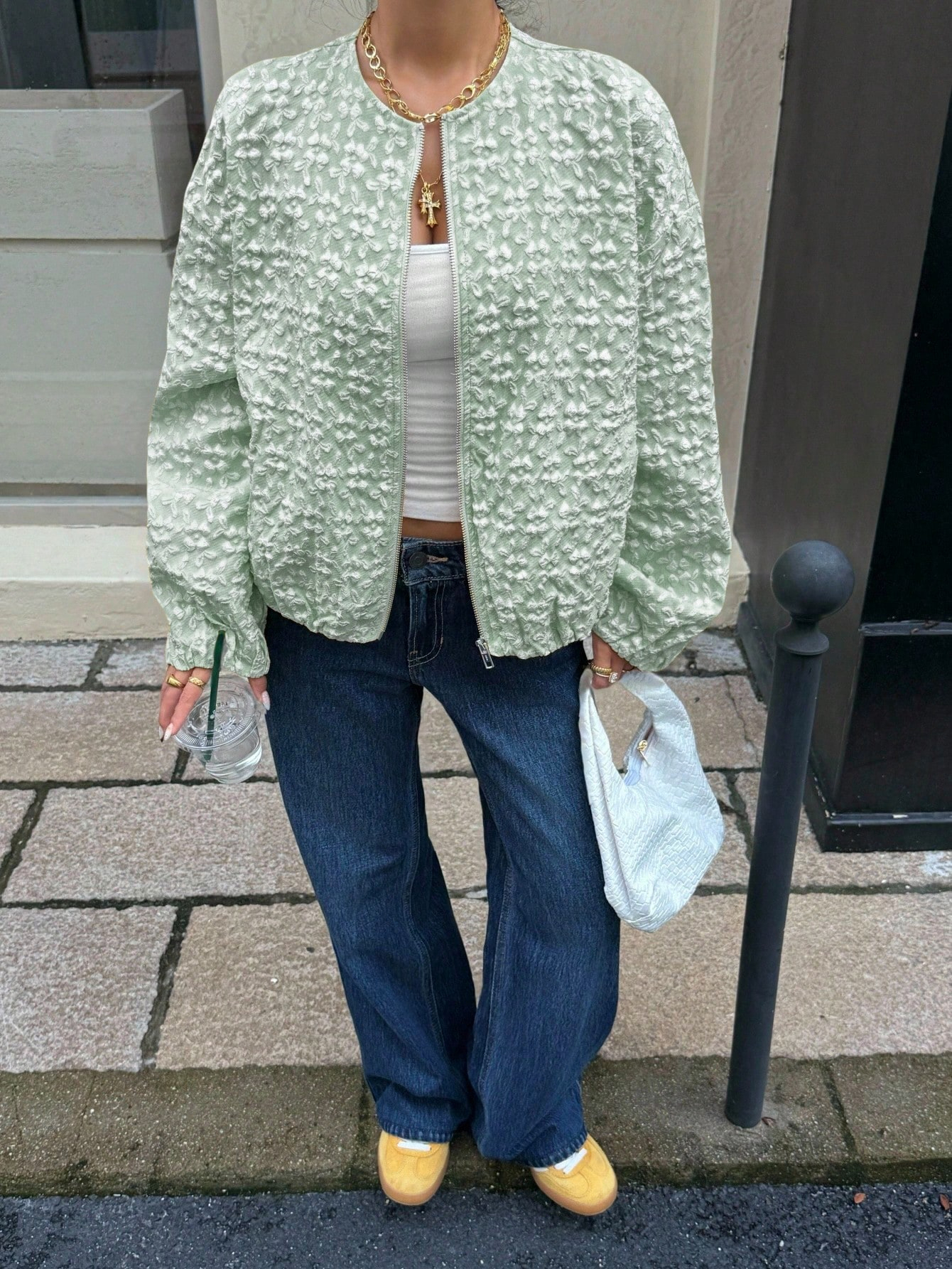 Light Green Textured Floral Puff Sleeve Zip-Up Jacket-Aegean-sea