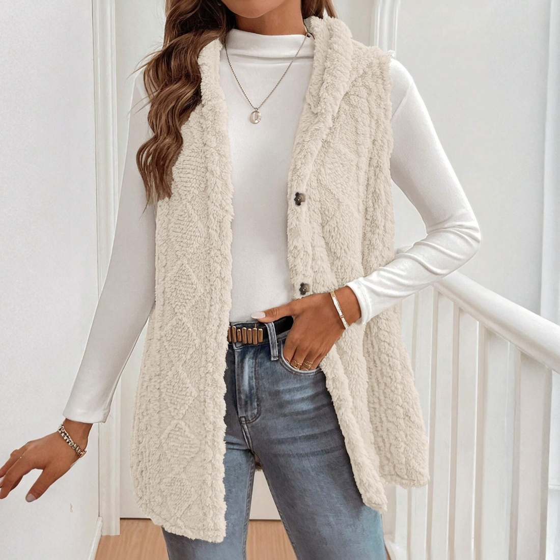 Vestido frontal sin mangas con botones de sherpa beige para mujer-Aegean-sea