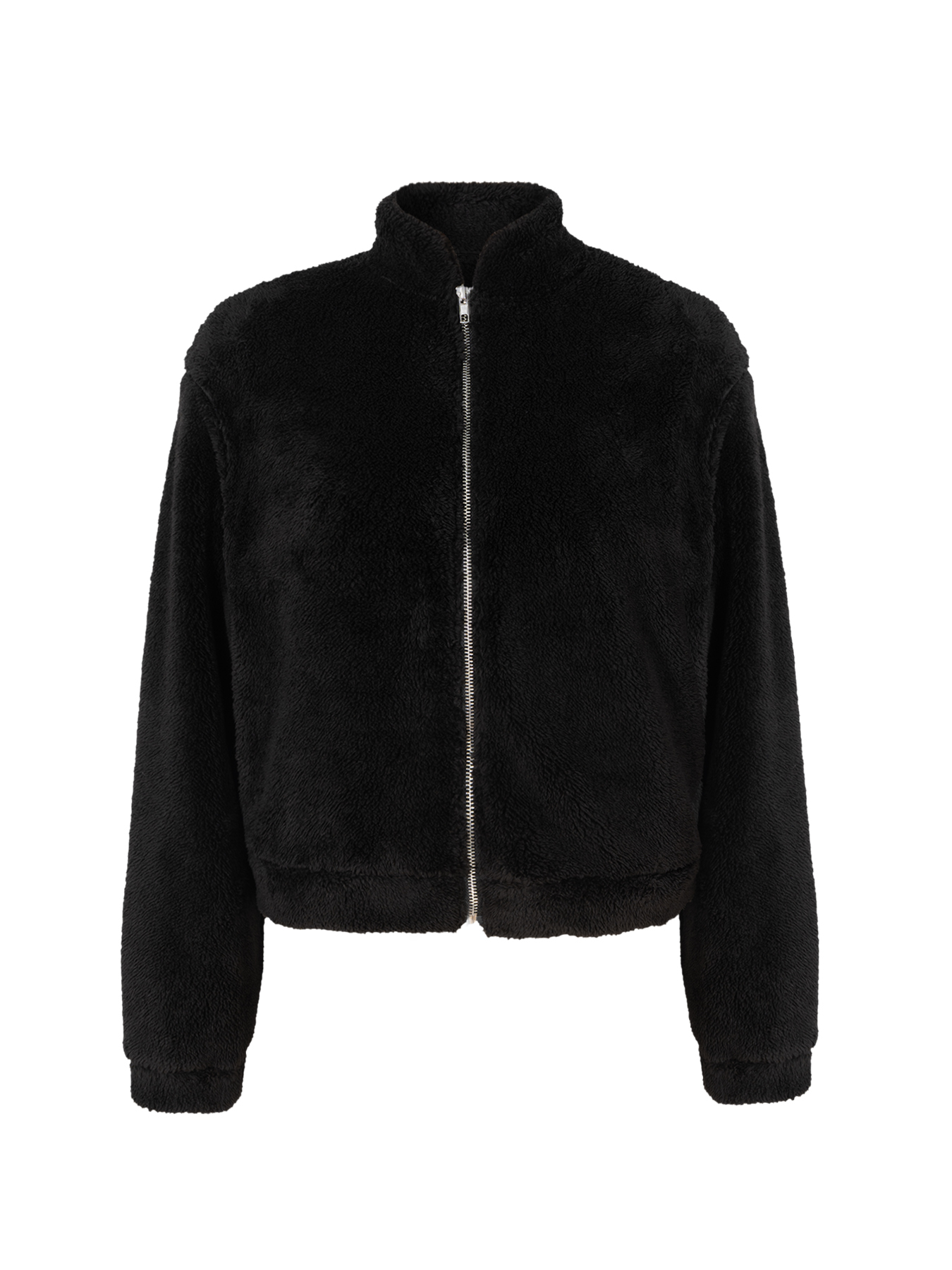Chaqueta Fuzzy negra de cuello alto con cremallera para mujer-Aegean-sea
