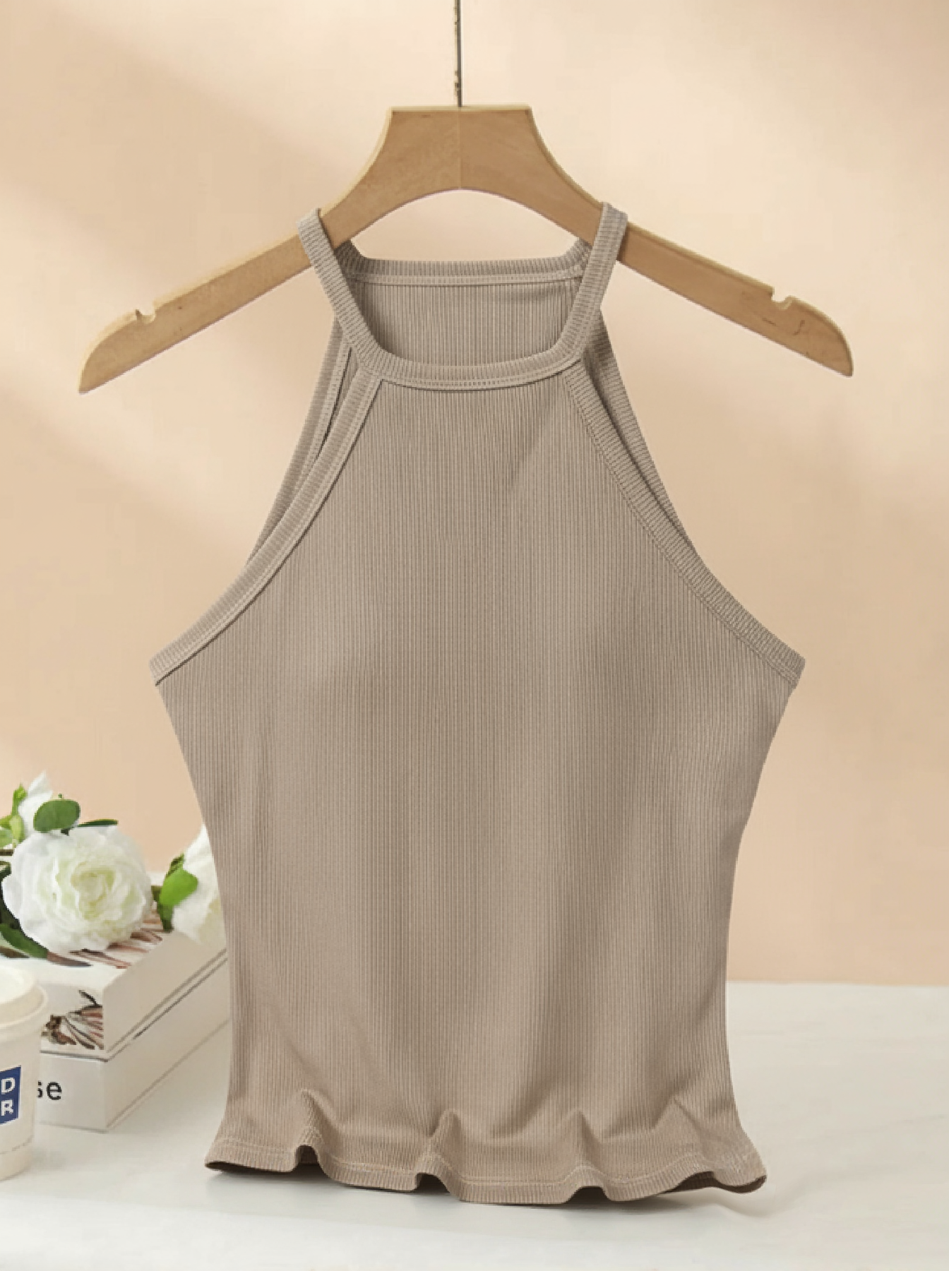 Women's Beige Ribbed Halter Neck Crop Tank Top-Aegean-sea