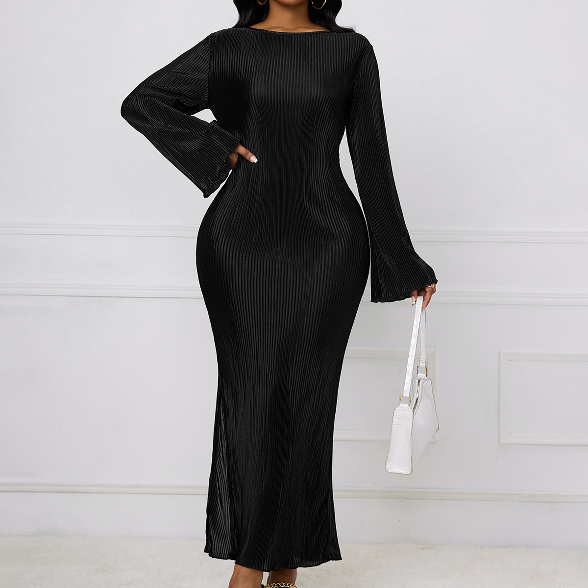 Woman's Long Sleeve Maxi Dress with Bell Sleeves, Vertical Pleats and Side Slit-Aegean-sea