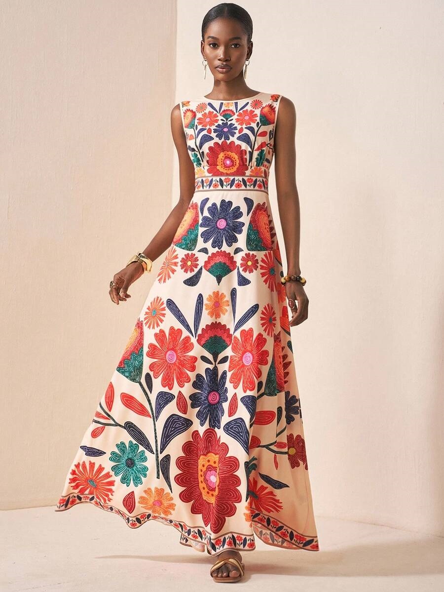 2026 Spring New Colorful Mexican Floral Embroidered Maxi Dress - Sleeveless Formal Party Gown