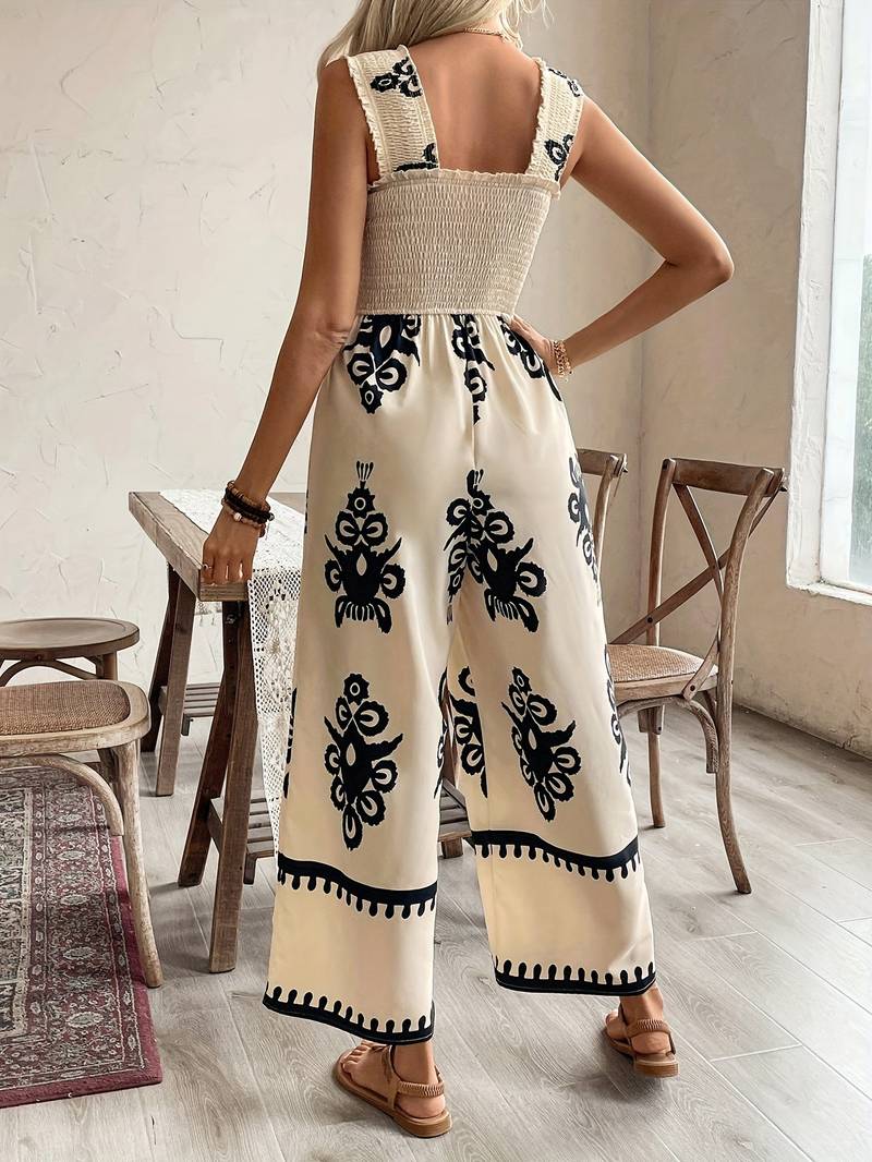 Women's Boho Smocked Wide Leg Jumpsuit - Sleeveless Tribal Print Split Hem Jumpsuit