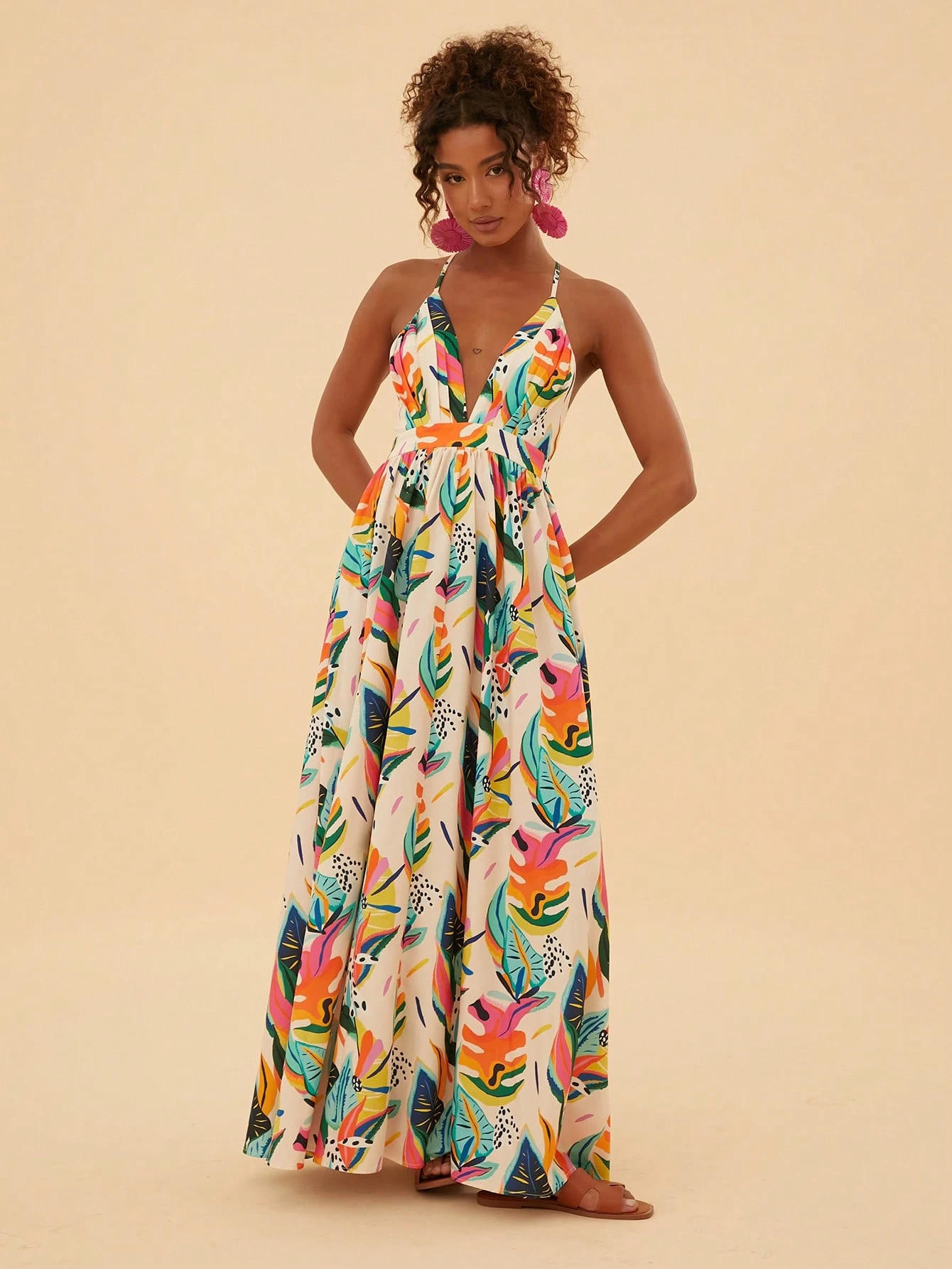 Tropical Plant Print Halter V-Neck Maxi Dress, Vacation Style Dress