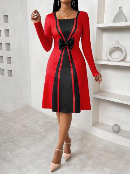 Women's Red and Black Contrast Bow - Front Long Sleeve Dress-Aegean-sea