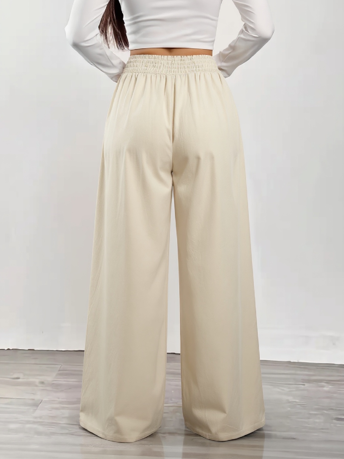 Beige single-breasted high-waisted wide-legged pants for women loose-fitting slim-looking drooping casual pants