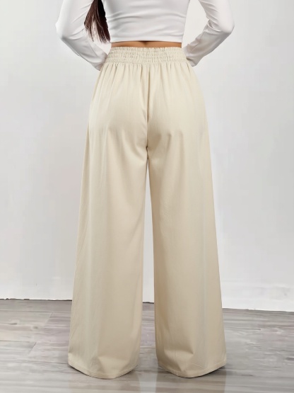 Beige single-breasted high-waisted wide-legged pants for women loose-fitting slim-looking drooping casual pants