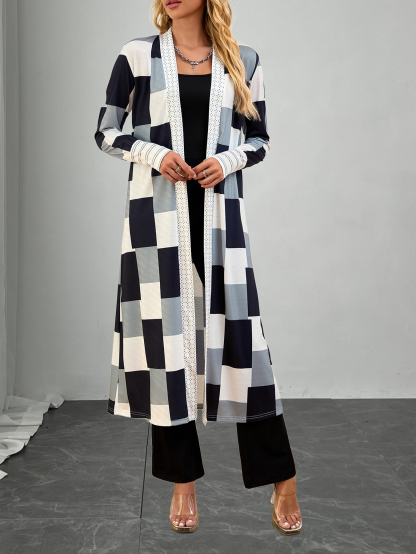 Cárdigan de manga larga de mujer con estampado a cuadros-Aegean-sea