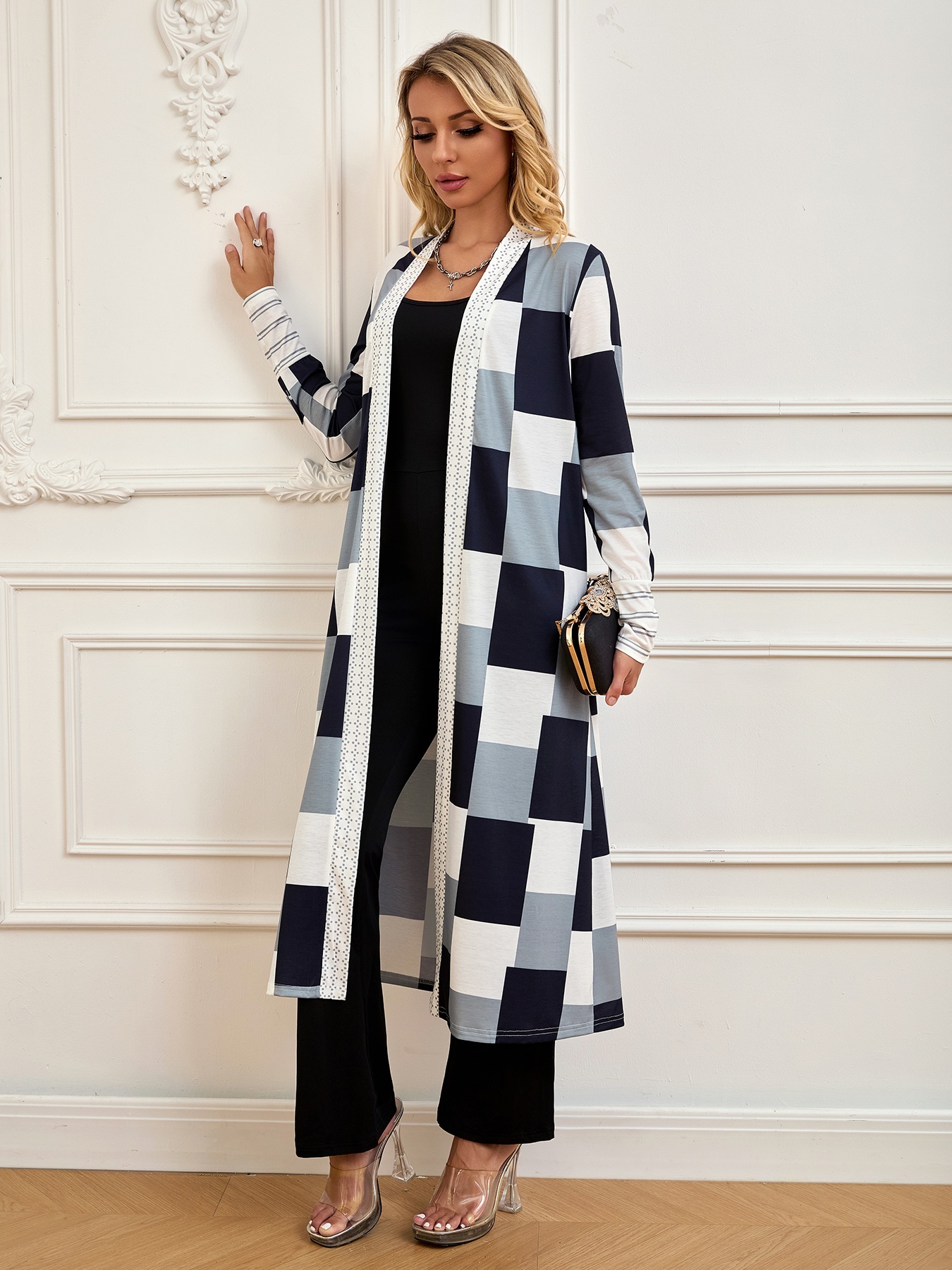 Cárdigan de manga larga de mujer con estampado a cuadros-Aegean-sea