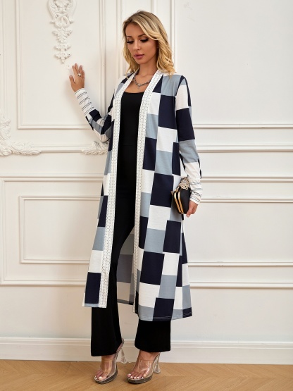 Cárdigan de manga larga de mujer con estampado a cuadros-Aegean-sea