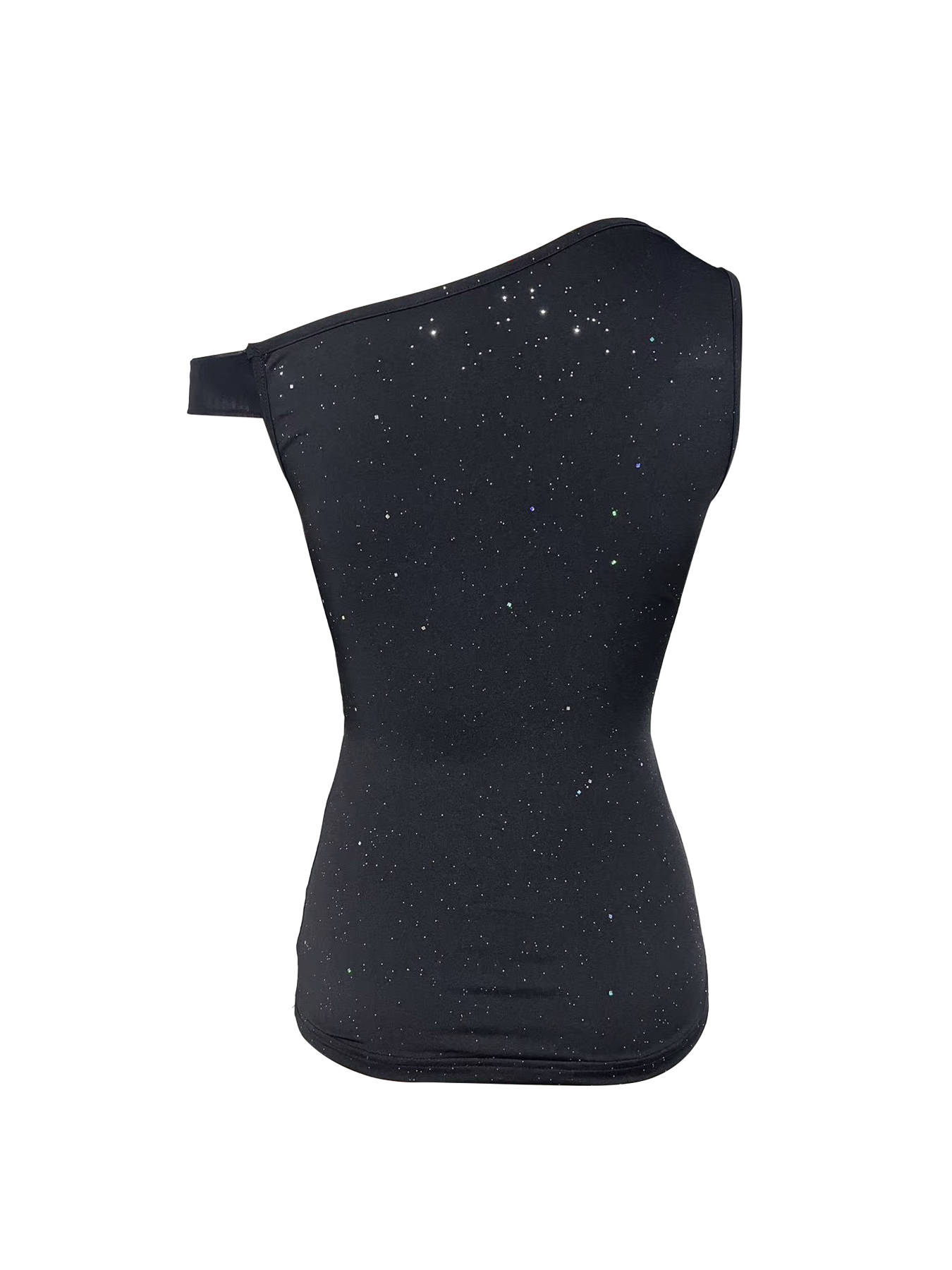 Woman's Black Glitter One-Shoulder Mesh Panel Fitted Top-Aegean-sea