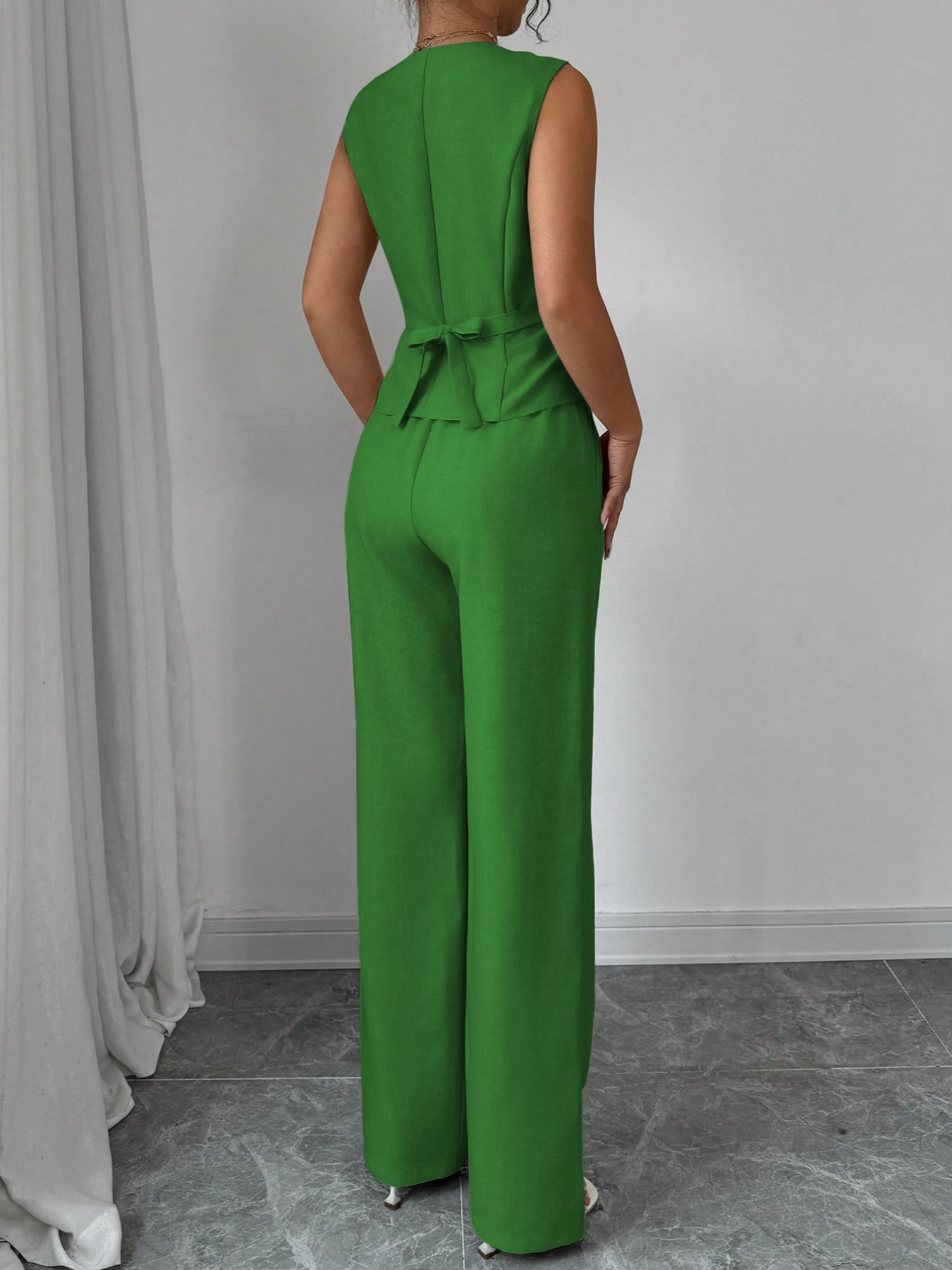 Conjunto de pantalones anchos y chaleco sin mangas de estilo femenino-Aegean-sea