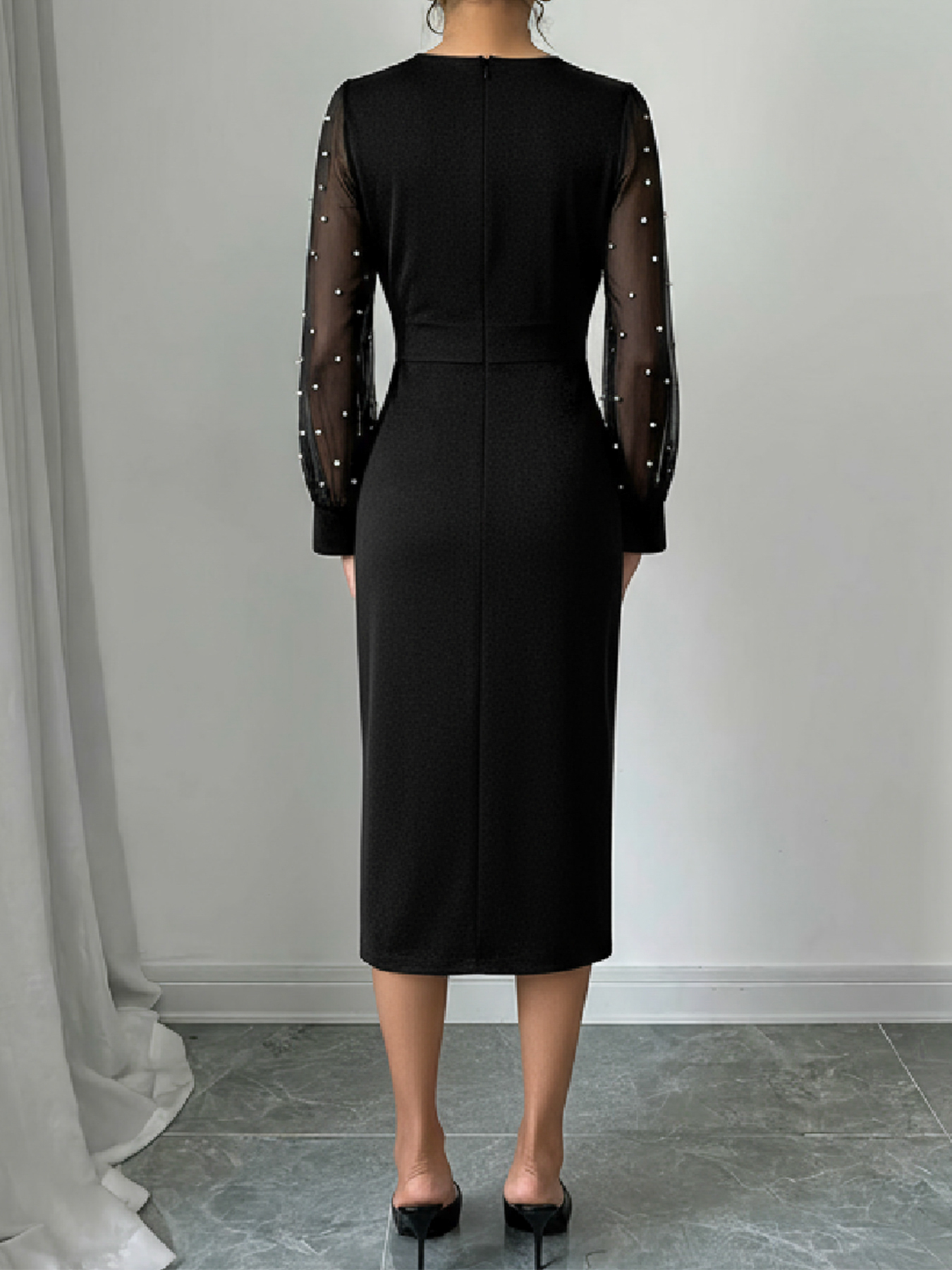 Vestido midi cruzado con mangas de malla adornadas con perlas negras para mujer-Aegean-sea