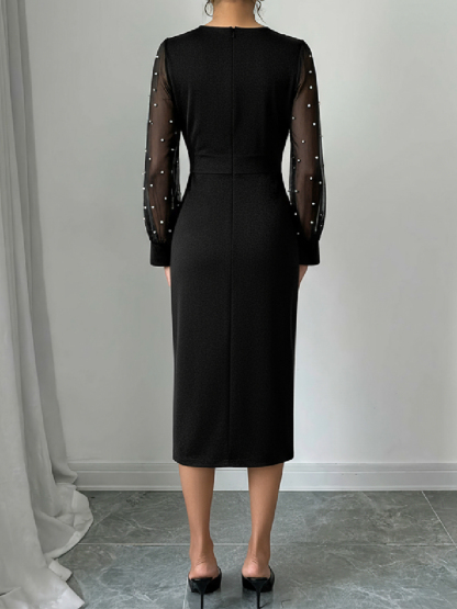 Vestido midi cruzado con mangas de malla adornadas con perlas negras para mujer-Aegean-sea