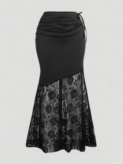 Falda midi de sirena para mujer con panel de encaje y corbata lateral con volantes Traje de noche elegante-Aegean-sea