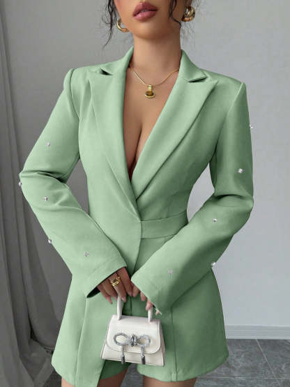 Women's V-neck Button Sleeve Diamond Long Sleeve Slim Fit Jumpsuit-Aegean-sea