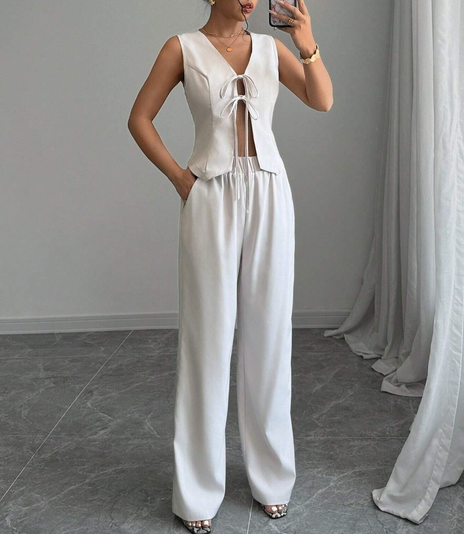 Women's White Lace-Up V-Neck Sleeveless Vest and Wide-Leg Pants Set-Aegean-sea