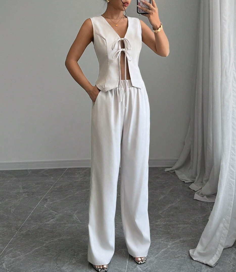 Women's White Lace-Up V-Neck Sleeveless Vest and Wide-Leg Pants Set-Aegean-sea