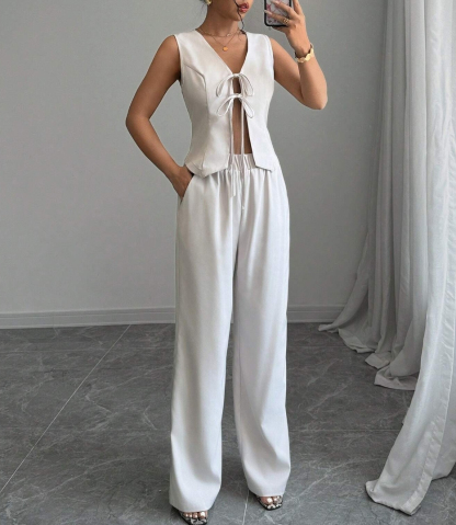 Women's White Lace-Up V-Neck Sleeveless Vest and Wide-Leg Pants Set-Aegean-sea