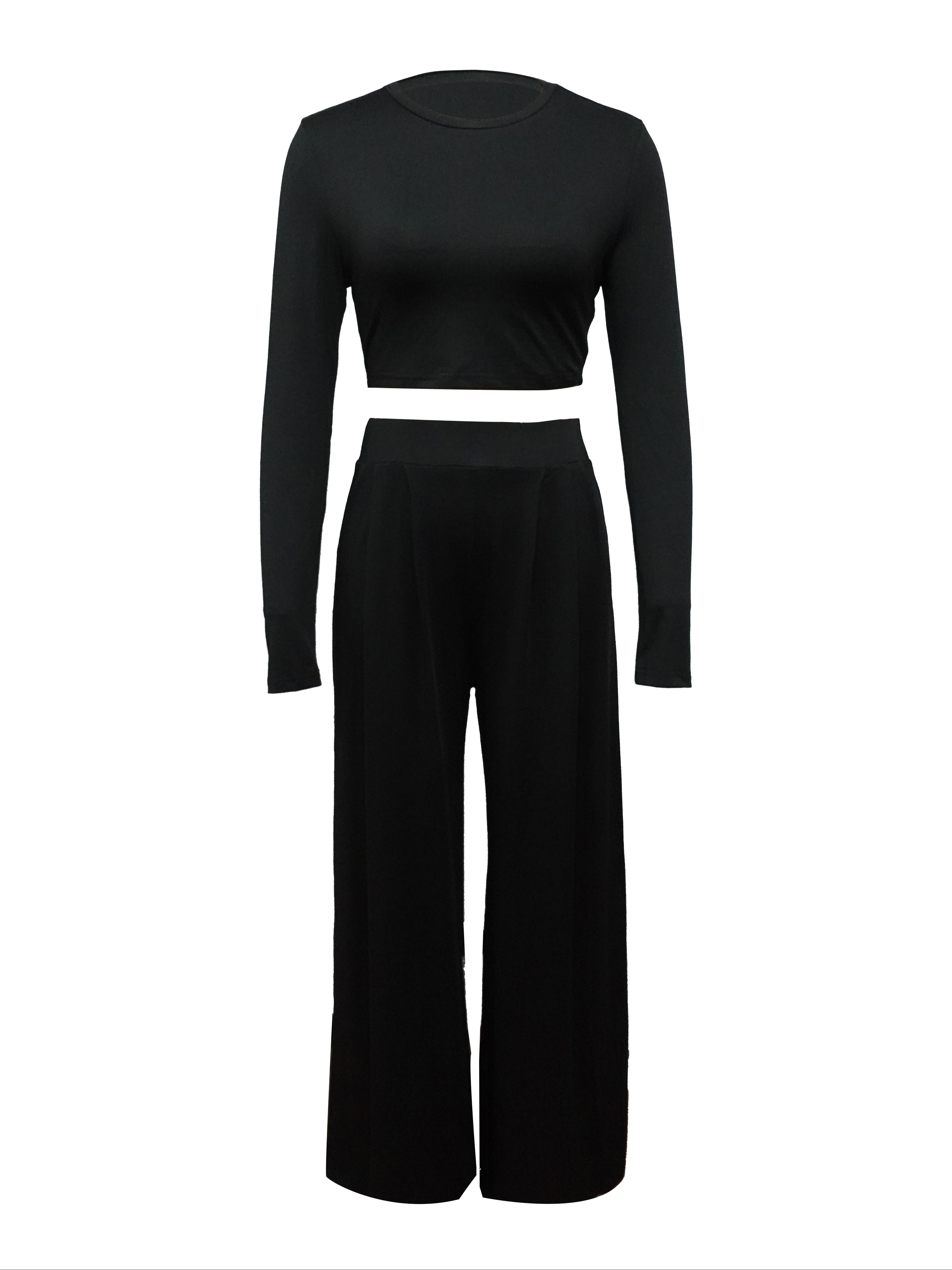 Woman's Black Long Sleeve Crop Top & High Waist Wide-Leg Pants Two-Piece Set