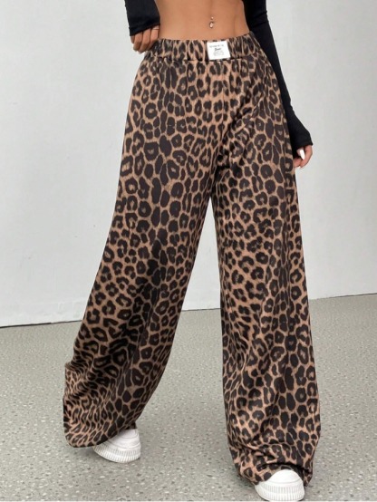 Leopard pattern wide leg pants woman, high waist drop feeling loose pants-Aegean-sea