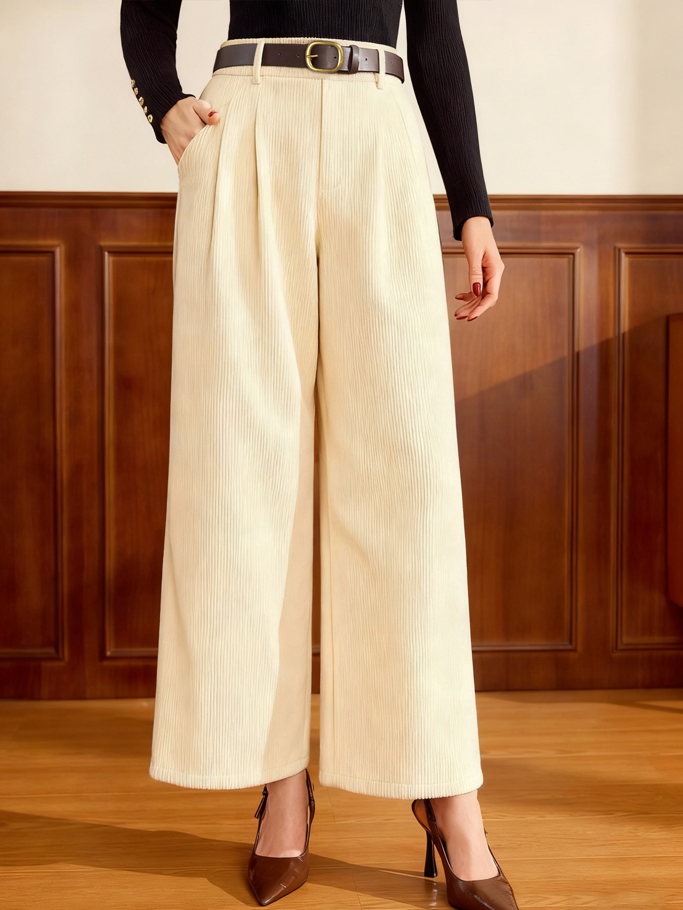 Women's Elegant Corduroy High Waisted Pleated Wide Leg Pants with D-Ring Belt