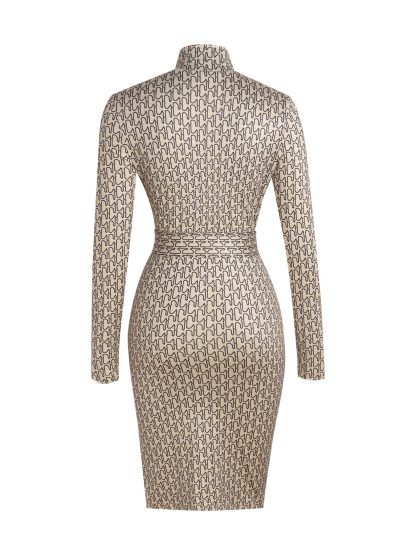 Vestido midi de mujer con cuello alto y mangas largas estampado con cintura ceñida y abertura lateral-Aegean-sea