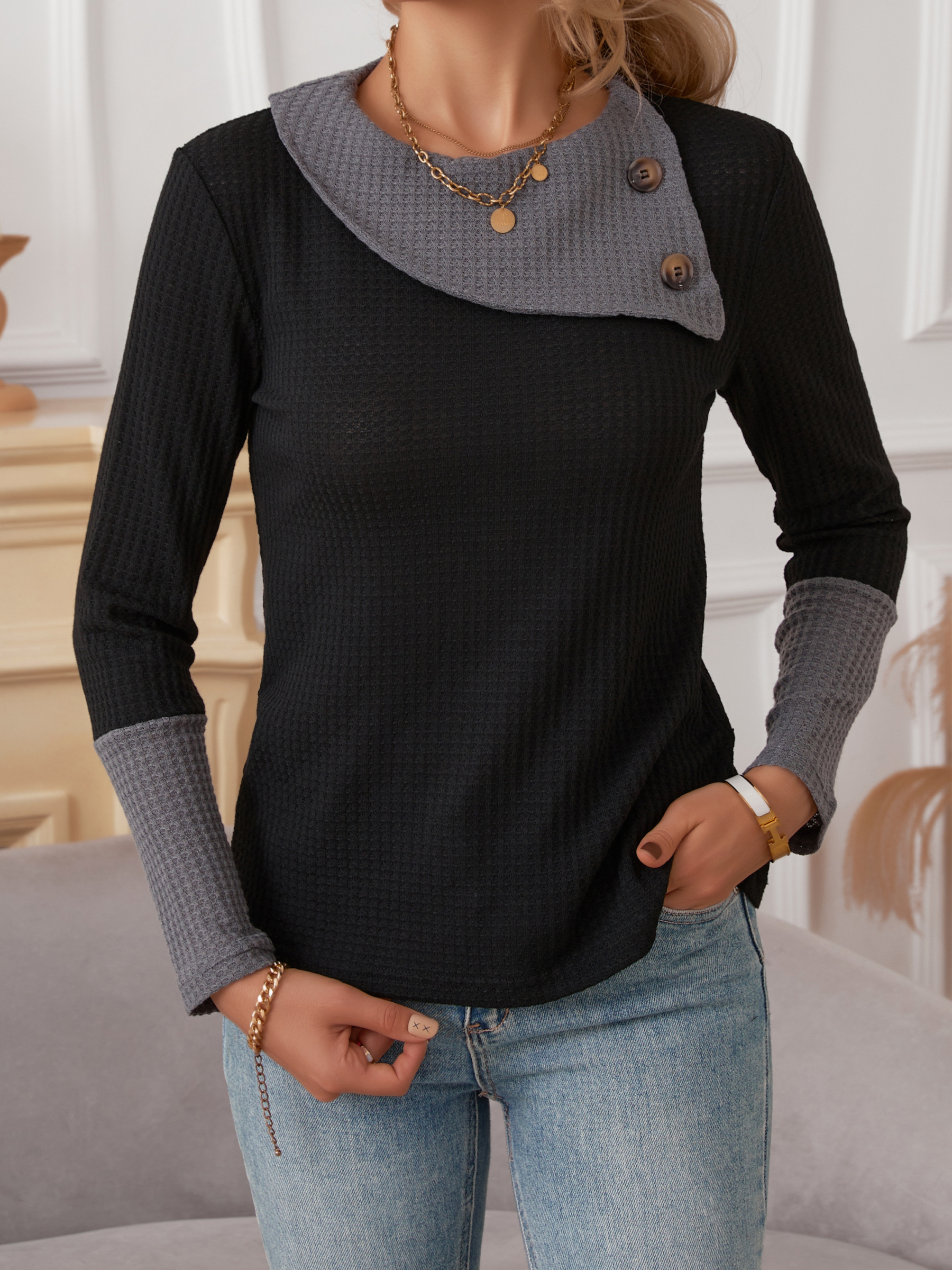 Women's Black and Gray Contrast Button - Detail Long Sleeve Top-Aegean-sea