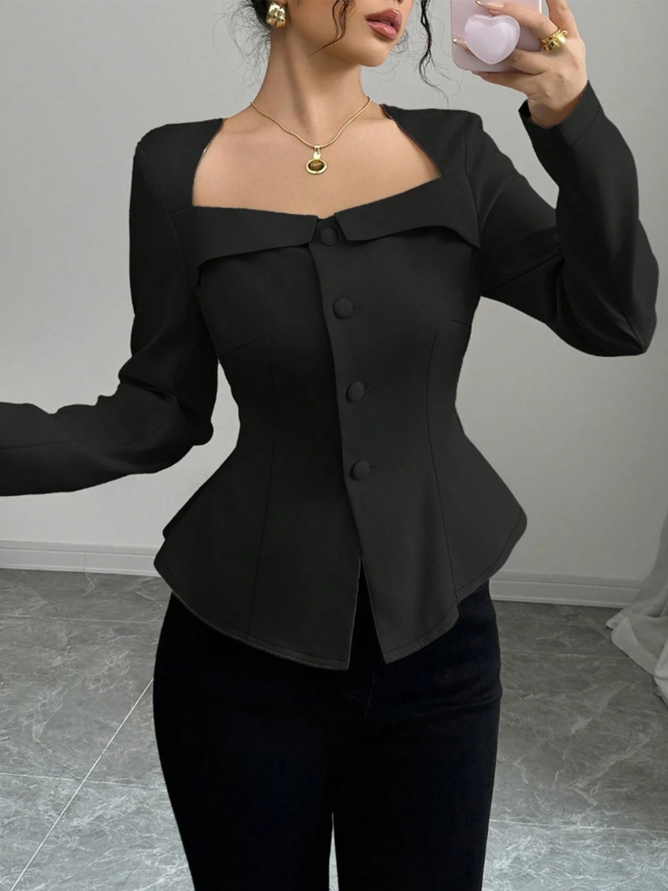 Woman's French Chic Wide Lapel Waist-Cinching Slimming Chanel-Inspired Blouse-Aegean-sea