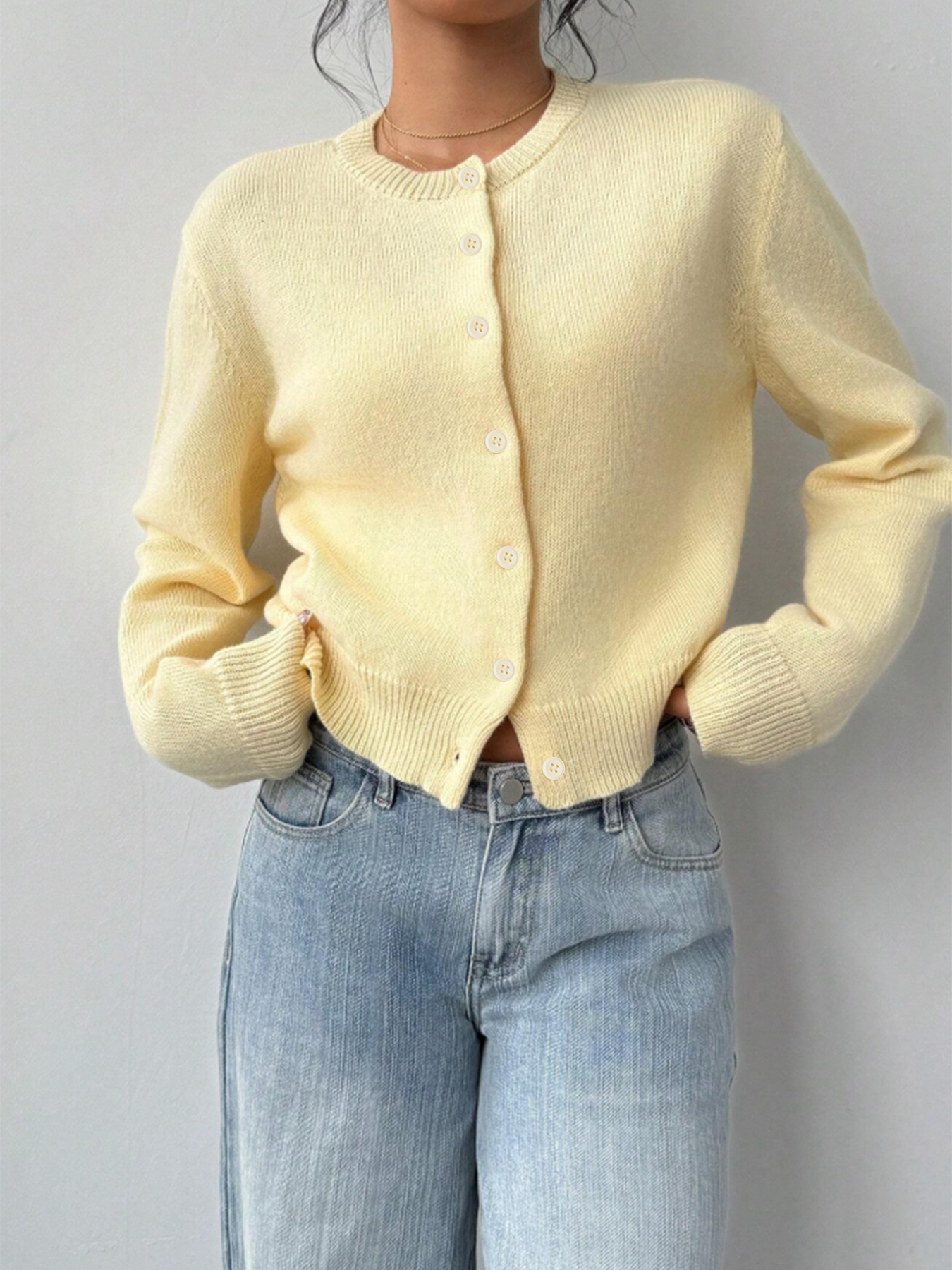 Stylish Cropped Knit Cardigan - Button-Front Casual Women's Top-Aegean-sea